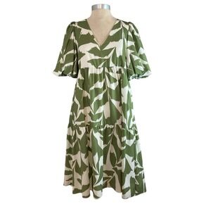 Crosby Mollie Burch Tiered Midi Dress Brawley Leaf Print Resort Boho Green White